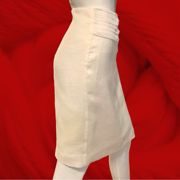 INSIGHT WHITE LINEN PENCIL SKIRT BRONZE BUTTON & CHIFFON ACCENTS WOMEN’S SIZE 8. - Picture 2 of 10